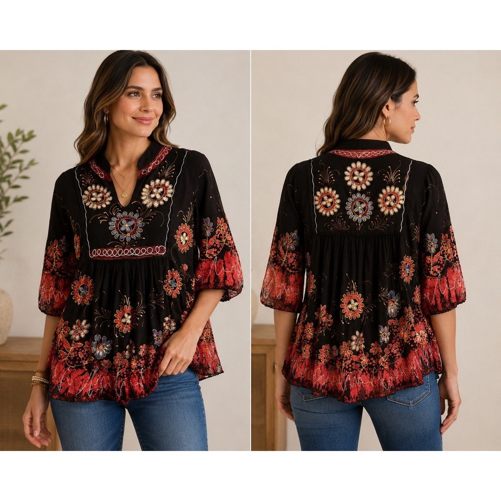 Royal Moda Black Embroidered Floral Tunic Blouse Boho V-Neck Viscose One Size